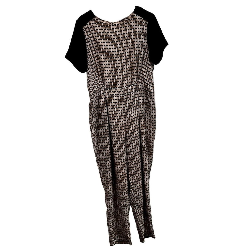 Vince Camuto Womens Size 12 Black Tan Geometric Print Jumpsuit Cuff Hem Zip Up